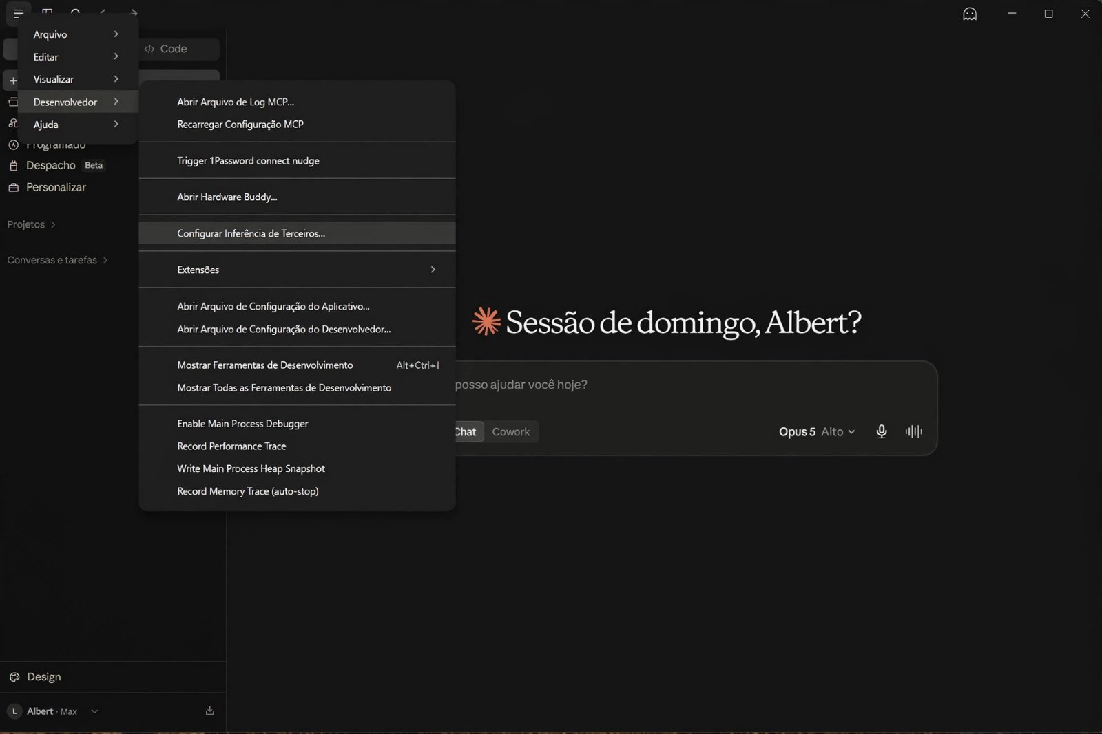 Menu Desenvolvedor aberto, com a opção Configurar Inferência de Terceiros em destaque